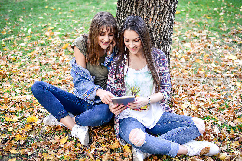 年轻的女学生在城市公园里学习，秋天的时候。