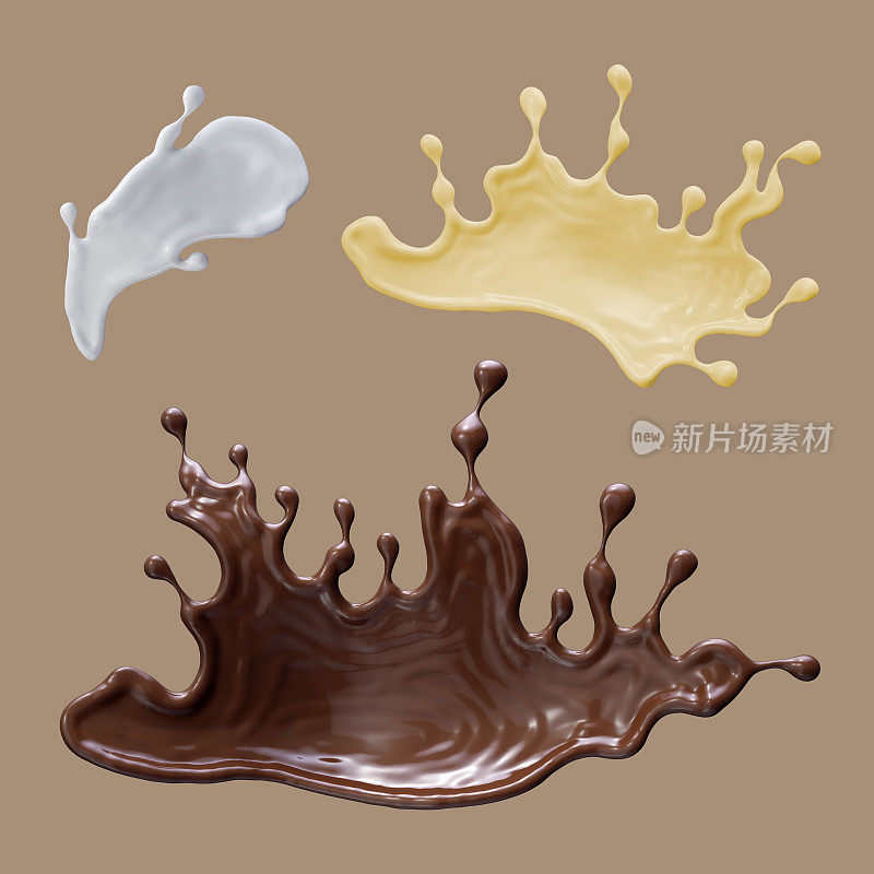 3d渲染，抽象液体，牛奶，巧克力，黄油，喷溅，彩色波浪射流，配料集，孤立的喷溅剪辑艺术