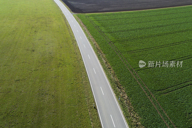 道路穿过农业区，鸟瞰图