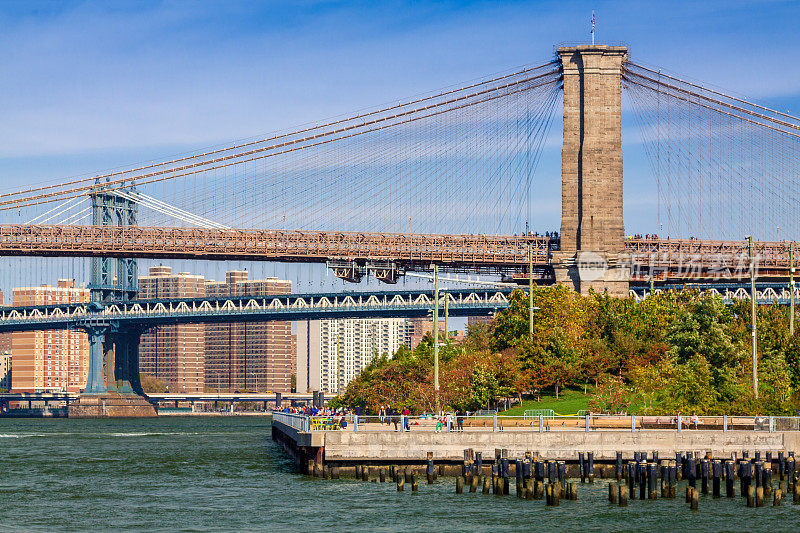 布鲁克林大桥，曼哈顿大桥和布鲁克林大桥公园长廊，纽约，美国。