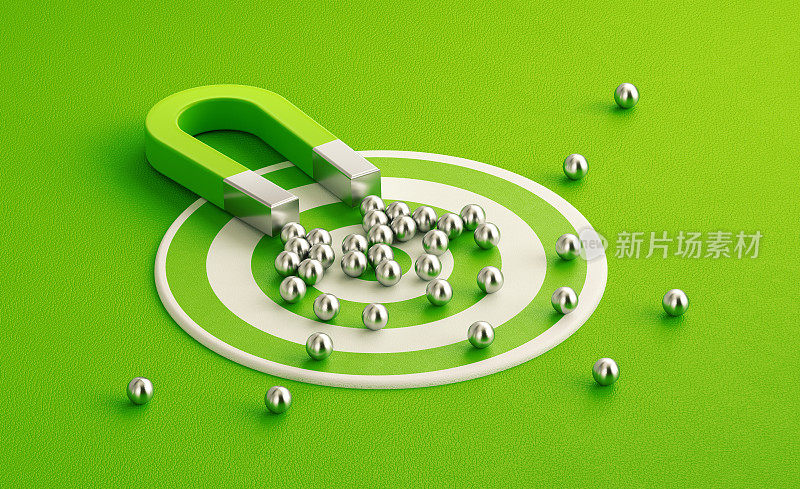 在绿色目标背景上，银球被绿色磁铁吸引