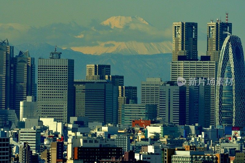 富士山和东京的天际线:白天和黑夜