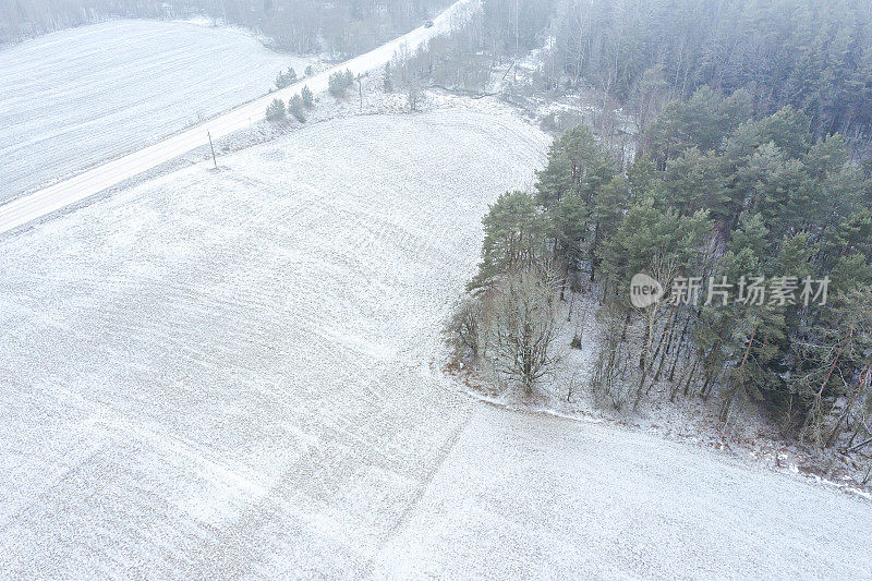 鸟瞰图覆盖积雪的田野和乡村道路在雾蒙蒙的冬天