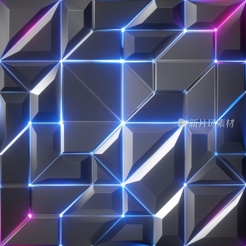 3d渲染，抽象geo3d渲染，抽象几何背景，粉蓝色霓虹灯，发光的线条，结晶墙纸，多边形水晶纹理，多面体结构，分裂马赛克碎片