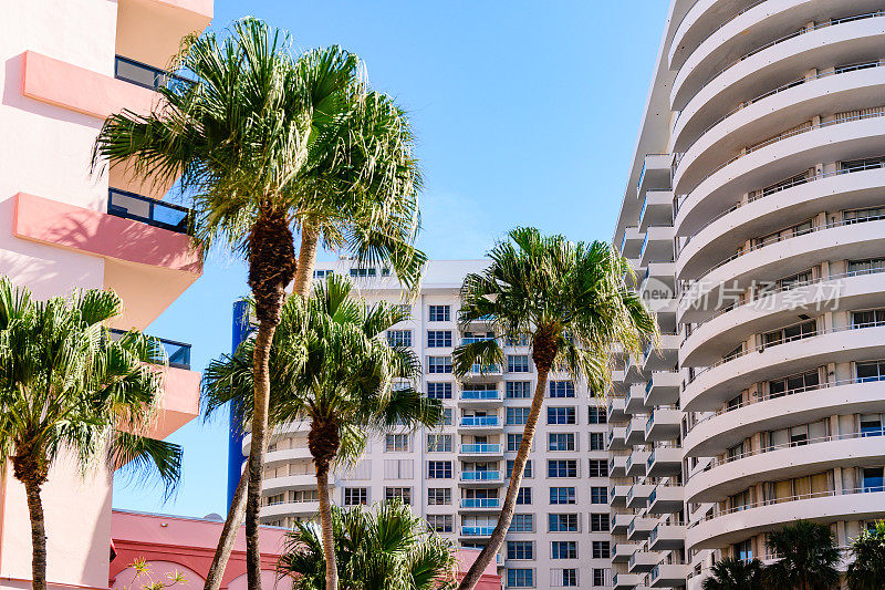 棕榈树和装饰艺术迈阿密海滩酒店在美国佛罗里达州