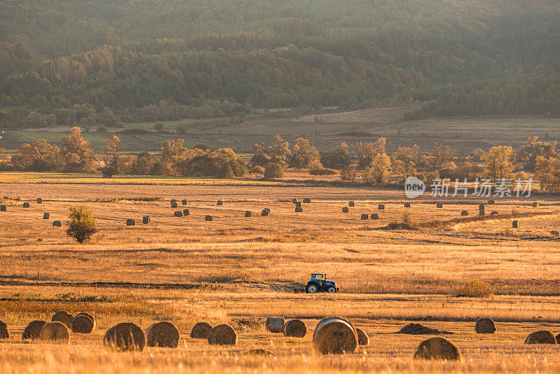 孤独的拖拉机收获干草田作物残茬金黄橙黄秋山背景厚重的保加利亚技术机械农业