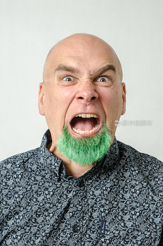 一个光头男人的肖像，下巴上染着绿色的胡须
