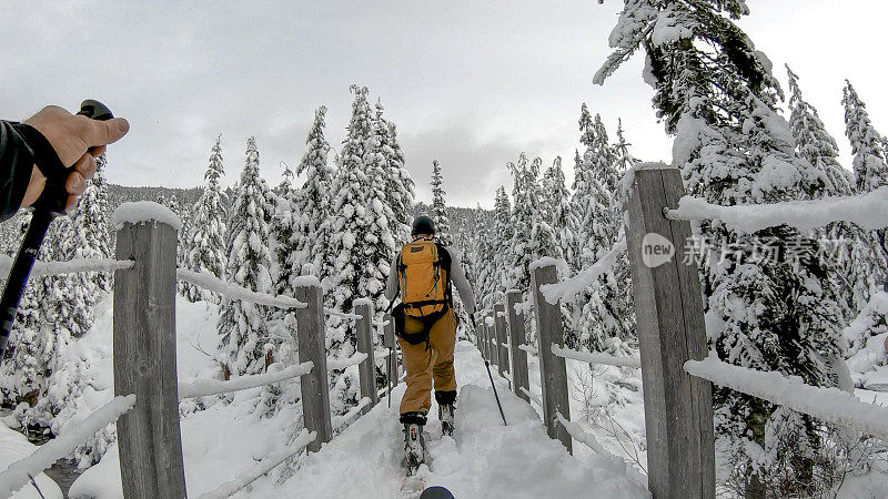 POV过去的滑雪杆，年轻人滑雪通过森林的新雪的桥梁