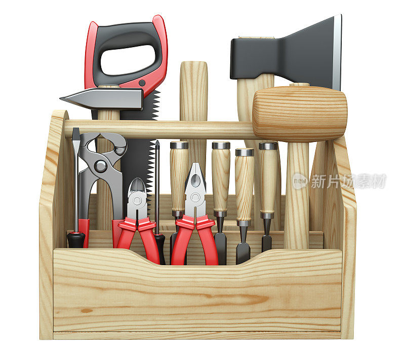 一种木制工具箱，装有斧头、凿子、钳子、木槌、锤子、螺丝刀、扳手、锯子和钢丝钳。