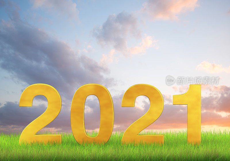 云景背景下郁郁葱葱的草地上的2021文字