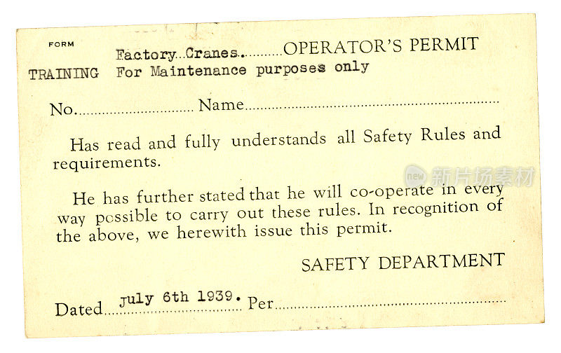起重机操作员许可证，1939年