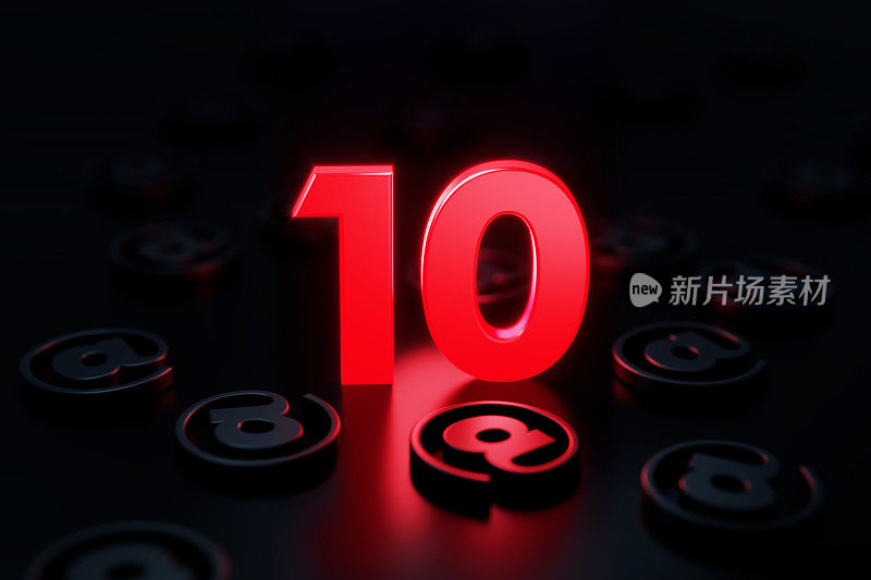 红色数字10在黑色背景的符号中发光
