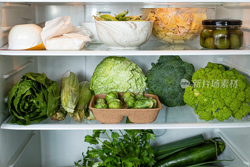 可持续购物和零浪费概念的家庭厨房冰箱与绿色蔬菜。健康的生活方式和生态理念