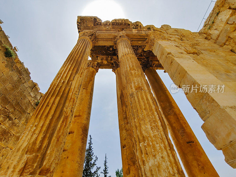 黎巴嫩白天阳光下的巴勒贝克神庙柱的低角度拍摄