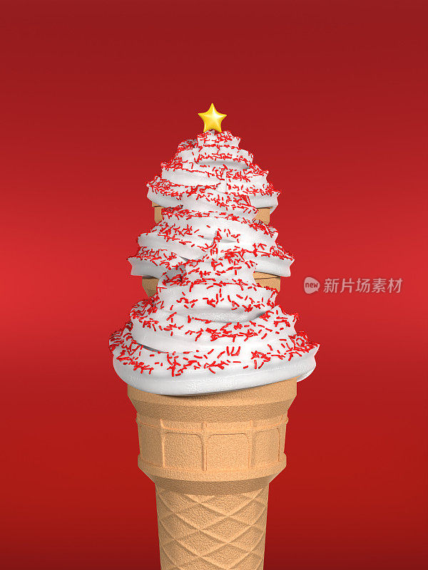 新年贺卡与圣诞树由星星装饰和糖果冰淇淋蛋卷反对红色