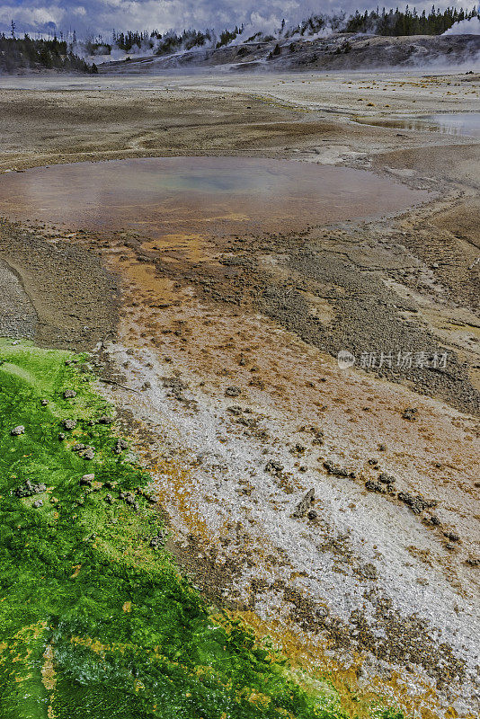 诺里斯间歇泉盆地的藻类和细菌径流通道显示了黄石国家公园，怀俄明州的地热活动。