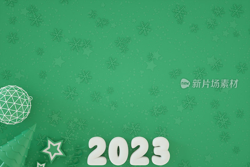 2023年新年，绿色背景的圣诞装饰品