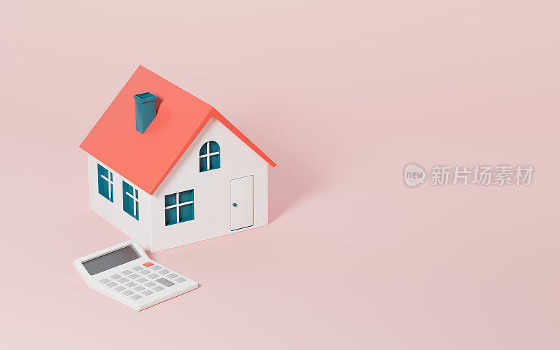 一个房子和一个计算器，计算房子的价格，3d渲染。