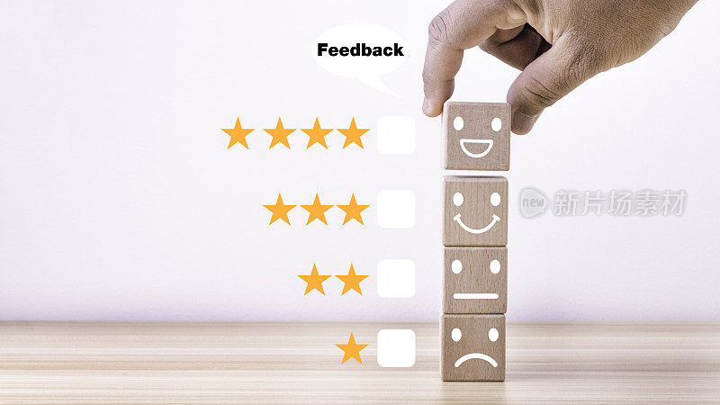服务等级顾客满意的等级、反馈或积极的评价。带有表情符号的木块和1到4颗星来满足服务。收视率非常高。有空余空间