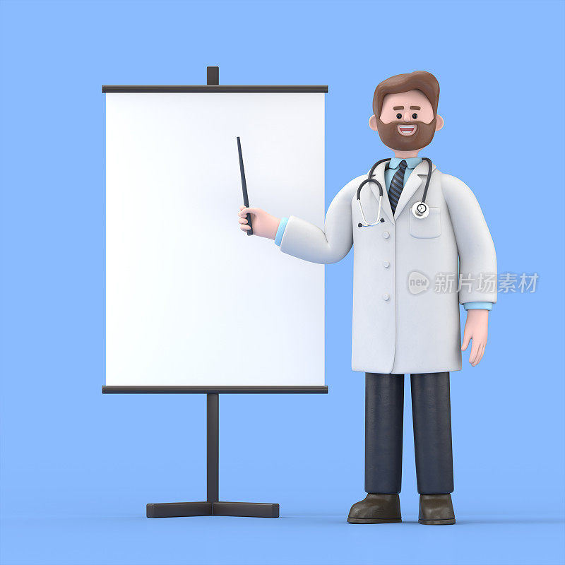 男医生艾弗森的3D插图与空白板作为信息，说明或广告的呈现，产品挂图模型。