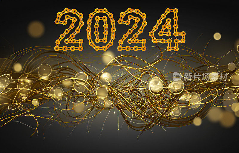 黑色奢华背景，金色线条元素和光线效果装饰，2024新年快乐