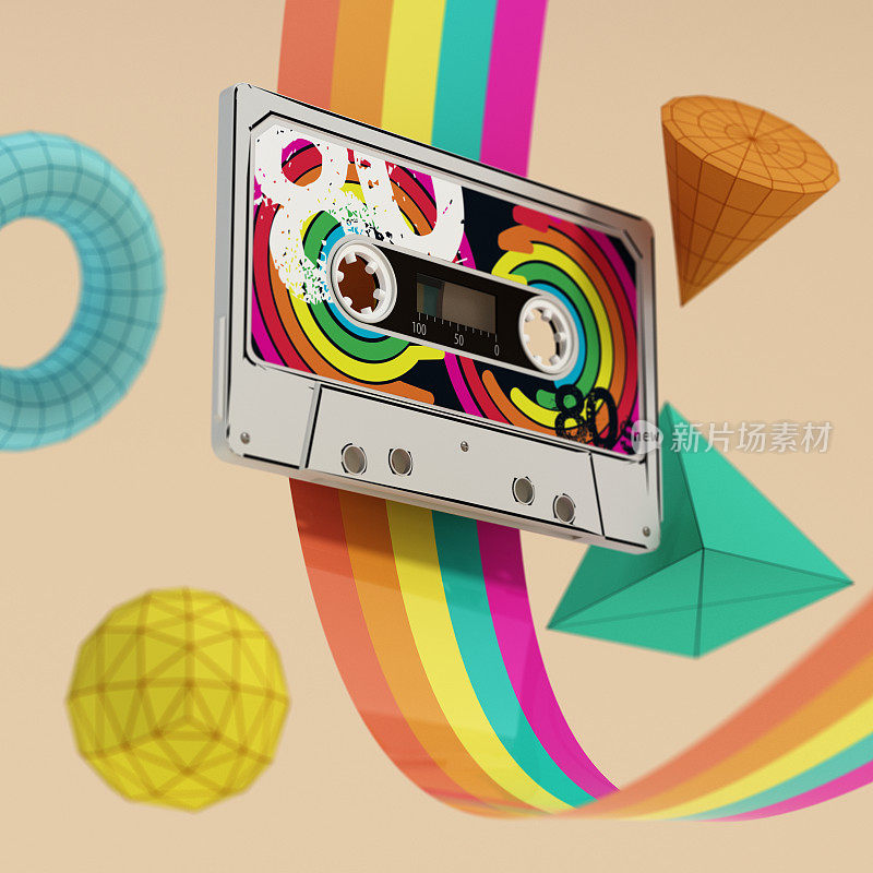 80年代风格的背景与复古录音带，霓虹灯的颜色和几何形状