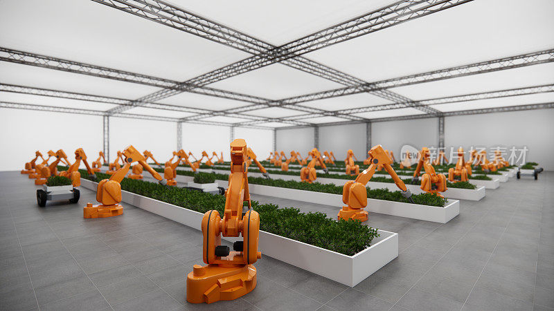 机器人手臂仓库在室内种植蔬菜，以提高种植效率。
