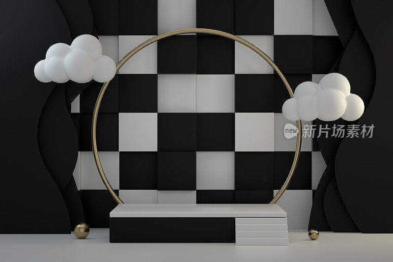 3D空产品站，平台，黑白立方体背景，抽象的最小概念