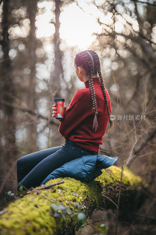 一个美丽的年轻女子坐在树林里的一棵树上的肖像