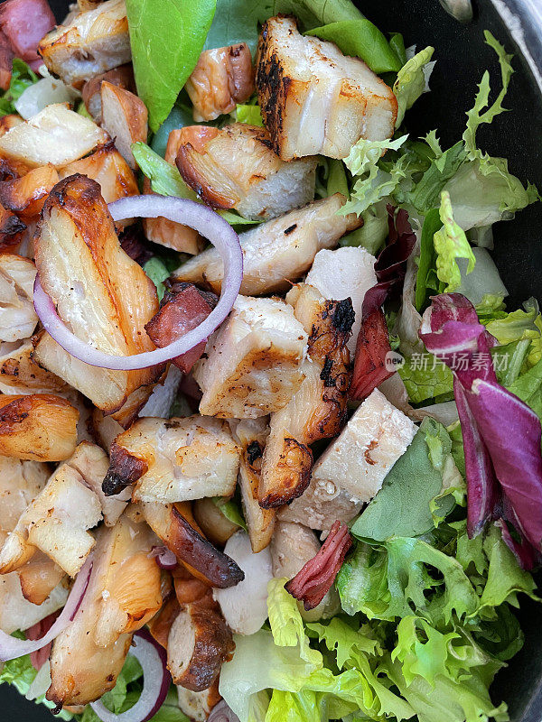 一碗混合了Frisée、羊生菜、菊苣叶和红洋葱的烤鸡胸沙拉的特写图像，高架视野