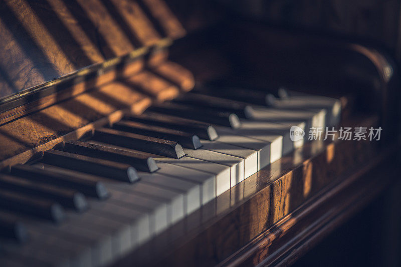 老红木立式钢琴键，有选择地聚焦在阳光下