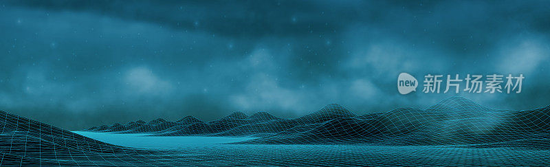 未来的波浪，线框景观山，天空云背景，山谷结构，科幻霓虹灯辉光网络网格连接，抽象3d技术插图，3d渲染，横幅头部全景