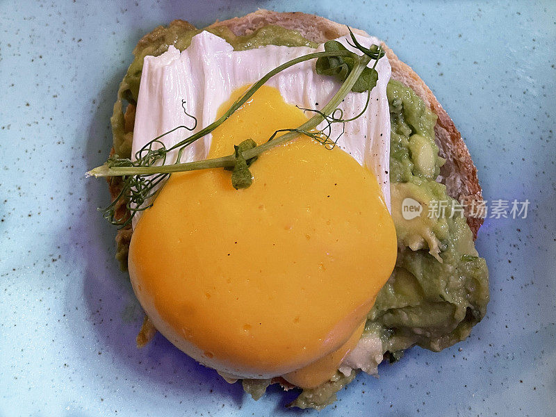 全幅图片的早餐在蓝色的盘子烤，黄油夏巴塔面包半顶部的牛油果泥和荷包蛋与荷兰酱汁，高架视图