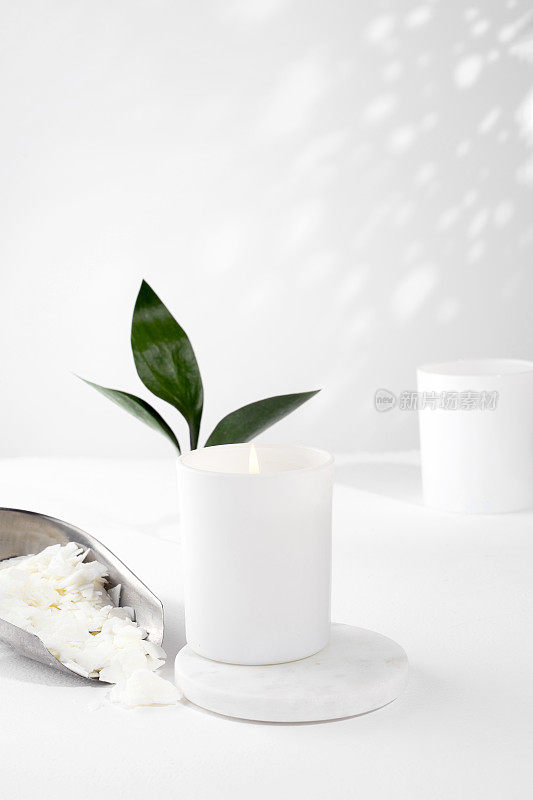 大豆蜡蜡烛在一个白色的陶瓷罐子，和绿色的叶子，植物在一个白色的背景。天然环保有机蜡烛。时尚的概念。极简主义者。等角投影。副本的空间。