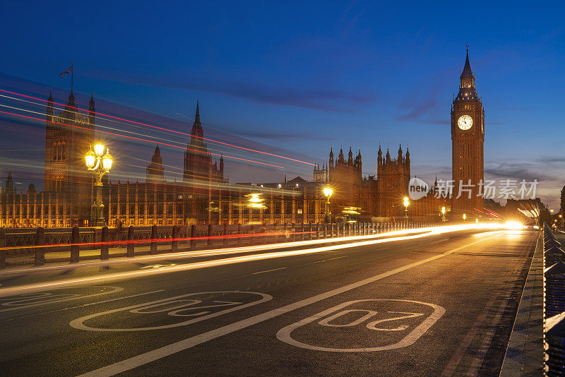 英国威斯敏斯特桥上的大本钟和议会大厦在夕阳的照耀下