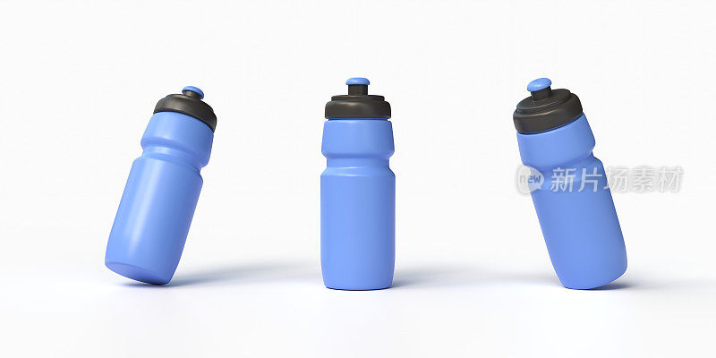 蓝色现实主义风格的3d塑料瓶，健身房的健身搅拌机。体育主题的横幅或海报装饰。插图孤立在白色背景上。三维渲染