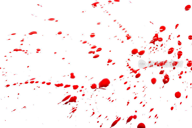 特写，白色背景上分离的红色血液滴，抽象图案
