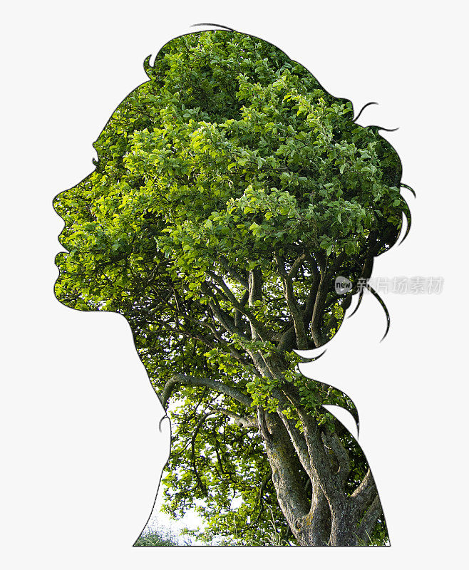 女性的头部轮廓与自然和树木在里面。为了说明人就是自然，我们必须照顾气候和自然