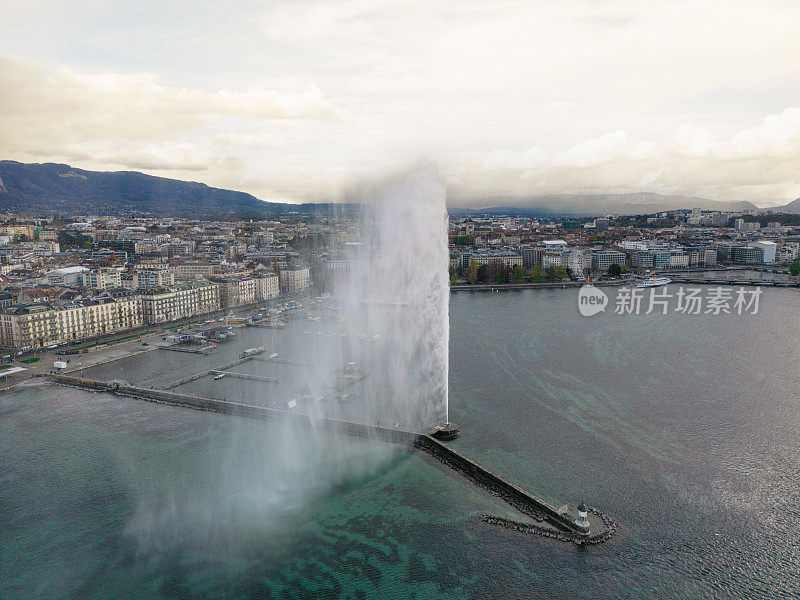 航拍的日内瓦湖，城市和喷泉，瑞士