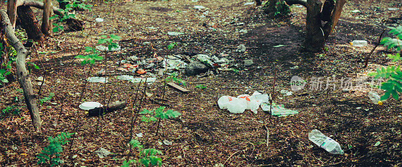 垃圾堆在森林里的植物之间。有毒塑料进入大自然无处不在。公园植被间的垃圾堆。受污染的土壤。环境污染。生态问题。随地扔垃圾。