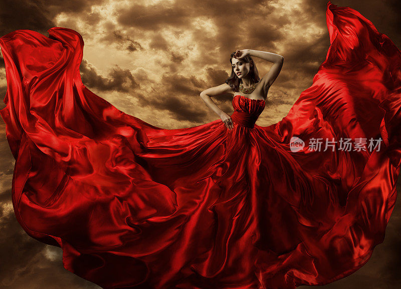 女人跳舞红色连衣裙，时装模特跳舞飞行长袍面料