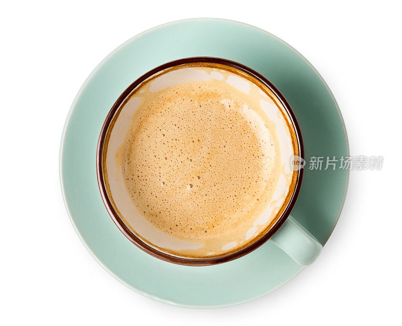 卡布奇诺泡沫，白色背景上的咖啡杯俯视图