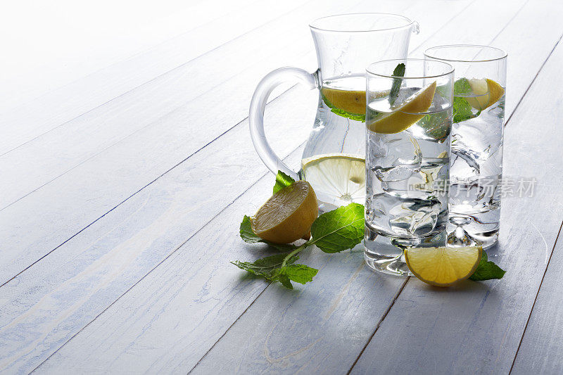 饮料蒸馏:水，柠檬和薄荷