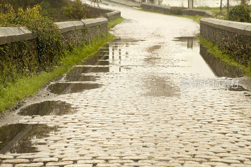 有水坑的鹅卵石古道。