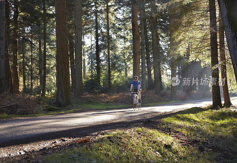 骑自行车的人在穿过森林的路上