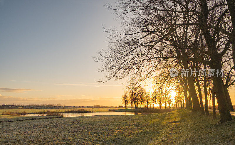 冬天的日出在IJsseldelta附近的Zwartendijk