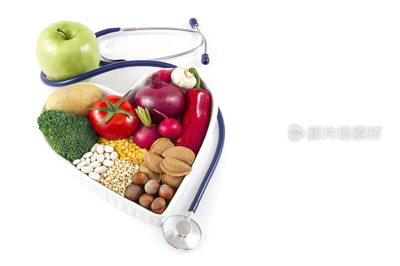 健康食品与青苹果听诊器