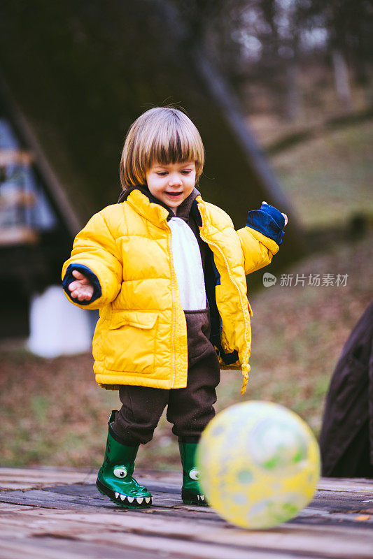 可爱的男孩在秋天公园玩大彩球