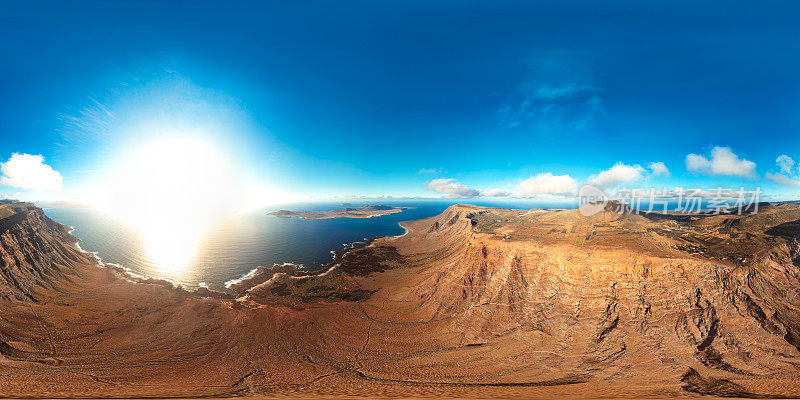 360x180度全球面(等矩形)全景附近的米拉多德尔里约热内卢视点，兰萨罗特，加那利群岛