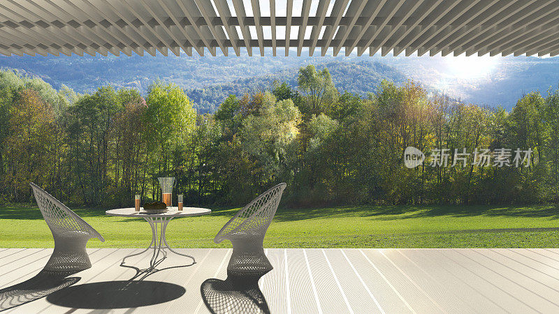 极简的现代露台配有休闲区、扶手椅和餐桌，全景花园草地